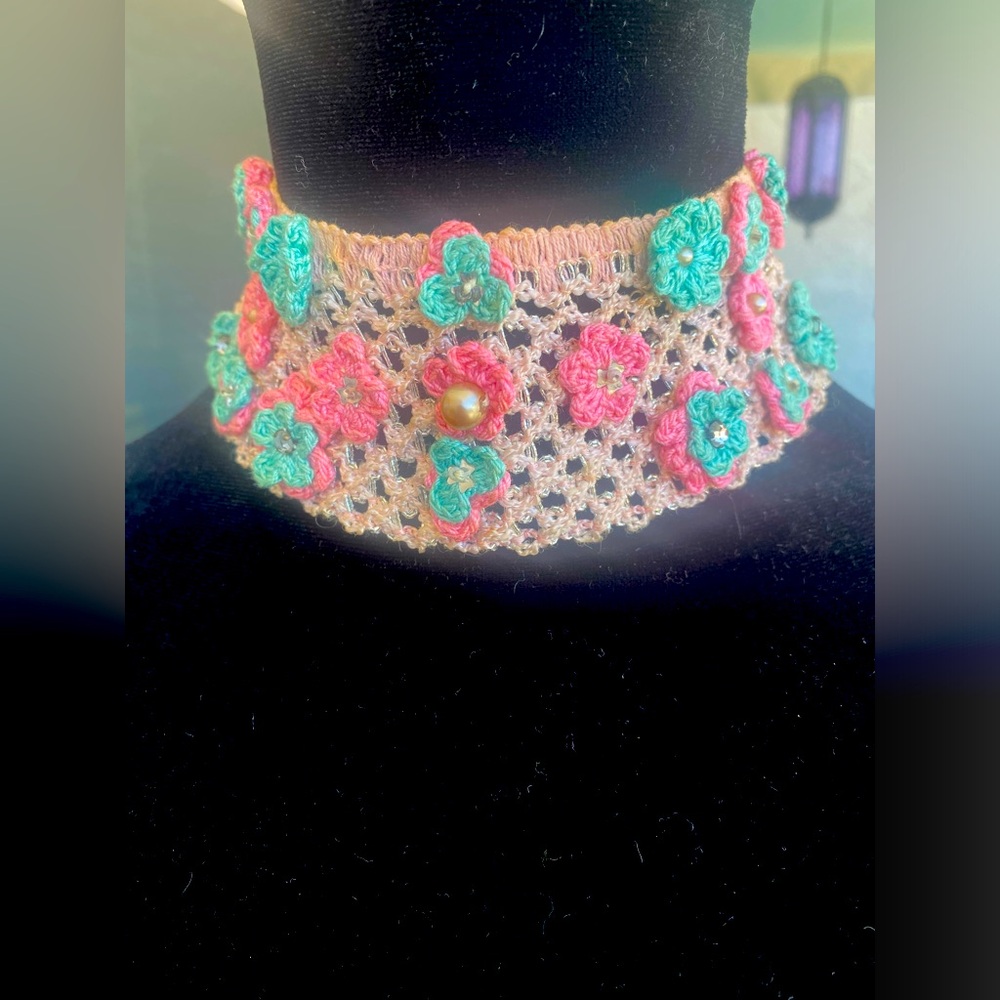 Vintage Hand Crocheted And Beaded Choker